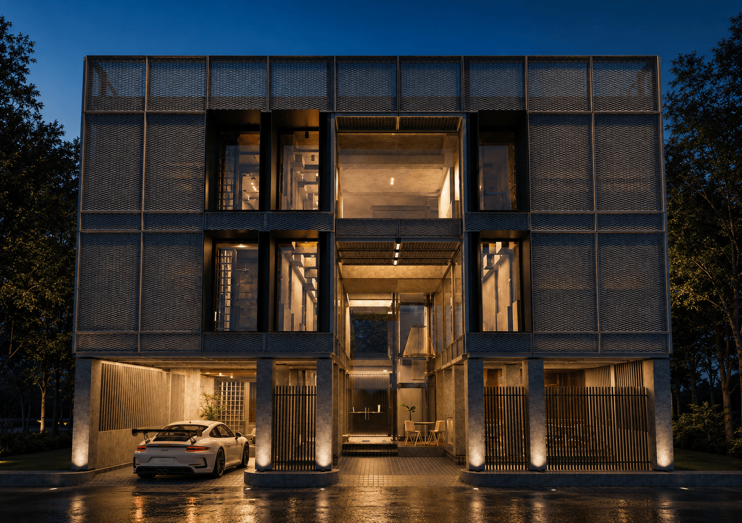 The ground floor of Kobo Hotels at dusk.
