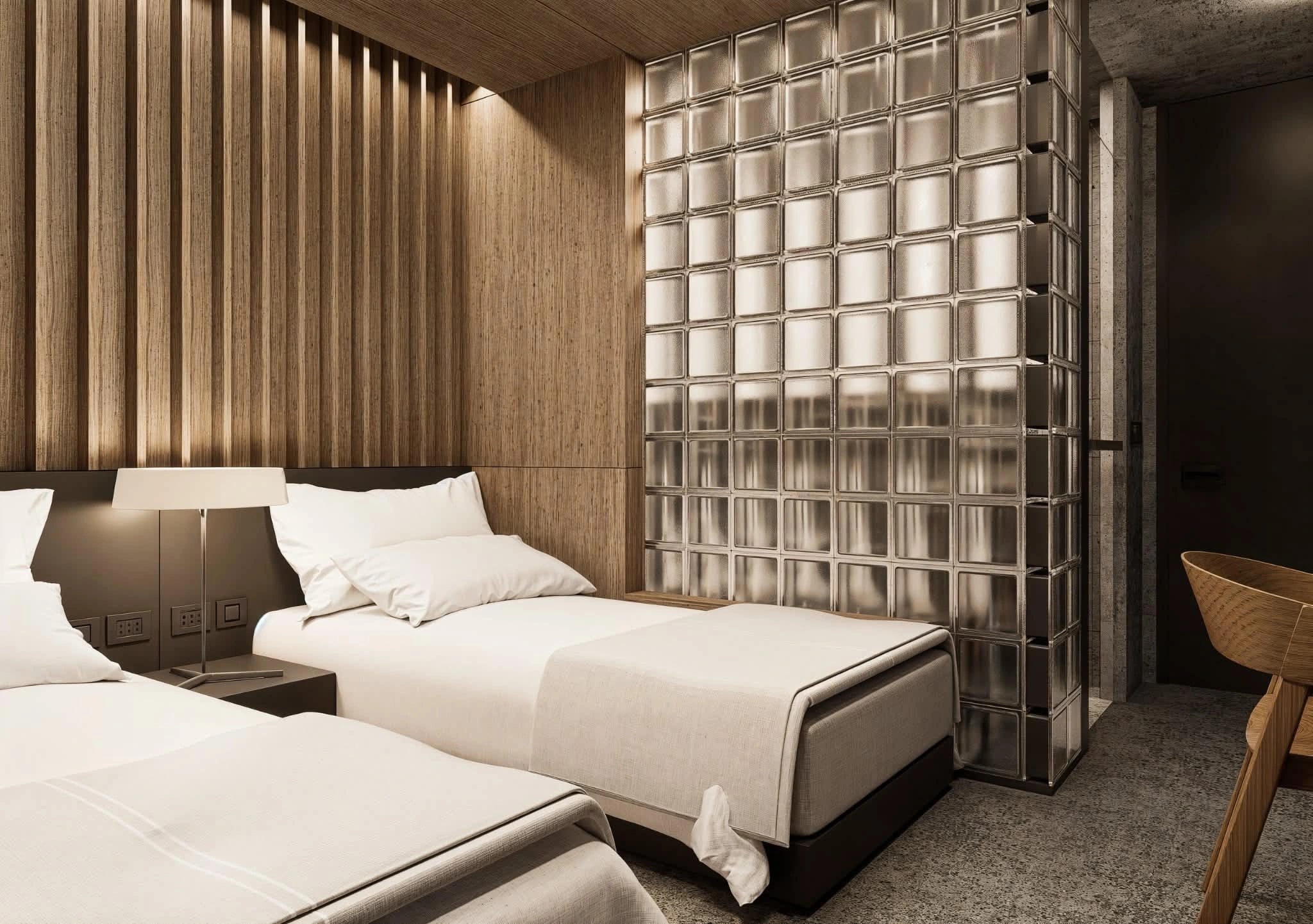 The Essential Twin Room, architectural render of the room interior.